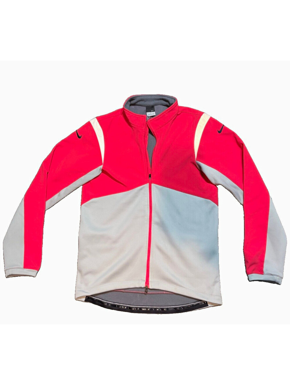 Nike Mens Large Softshell Cycling Running Jacket Full Zip Fleece Lined Red Grey